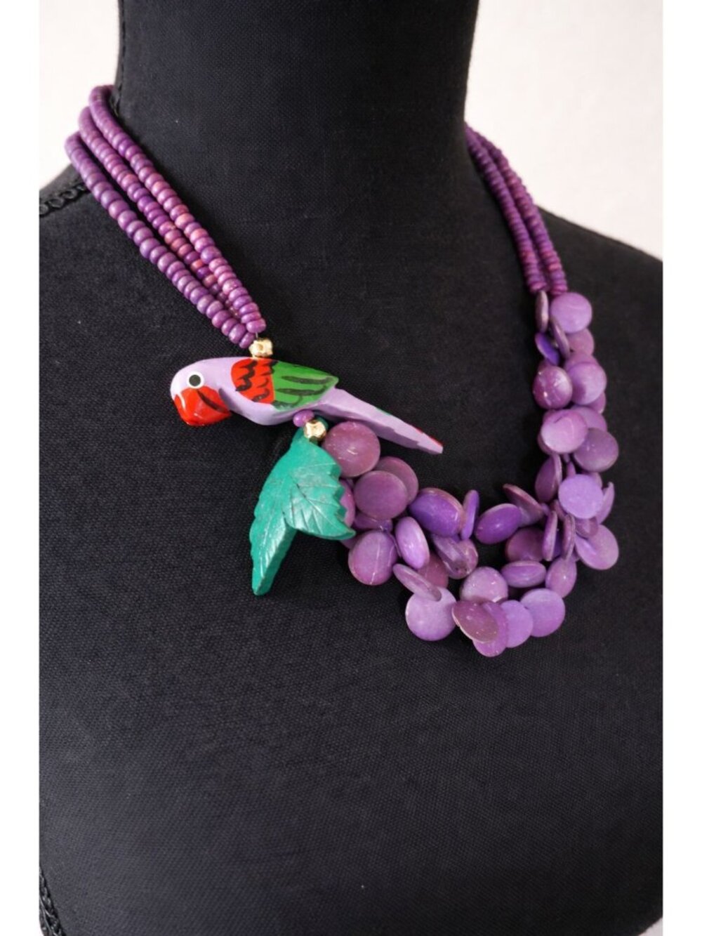 Vintage 80s Purple Beaded Layered Necklace Parrot Bird Tropical Summer Beach
